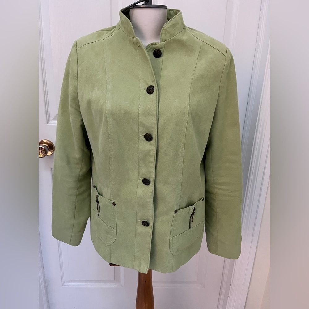 Tan Jay Size 12 Faux Suede Chartreuse Green Button Lightweight Jacket, 2 Pockets